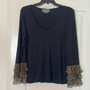 Anthropologie v neck black top with gold ruffle sleeves